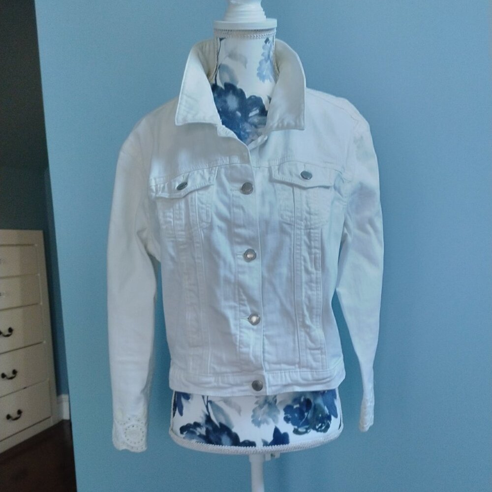 Joe Fresh White Eyelet Embroidery Denim Jean Jacket, size S